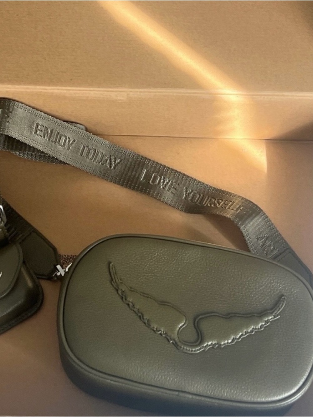 Zadig & Voltaire Olive Green Leather Crossbody Bag with Wing Motif